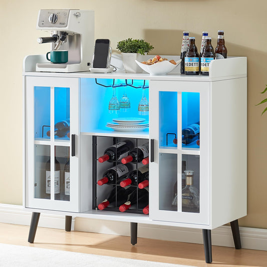 Alaxgumrol Wine Bar Cabinet with LED Lights - Coffee Bar Cabinet with Storage and Outlet, Kitchen Buffet Sideboard with Wine Rack and Glass Holder, Modern Liquor Cabinet for Home Dining Room