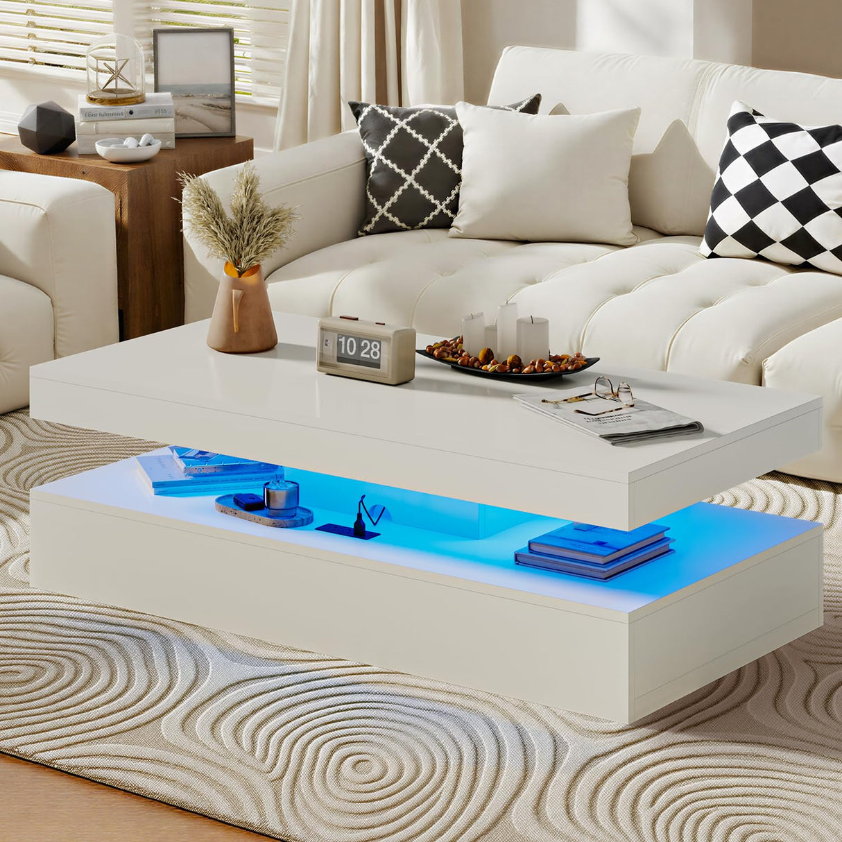 Breezestival 47" High-Glossy LED Coffee Table with 2 Sliding Drawers, Living Room Storage Coffee Tables, Modern Stylish Double-Layer Center Tables with LED Lights, White Breezestival