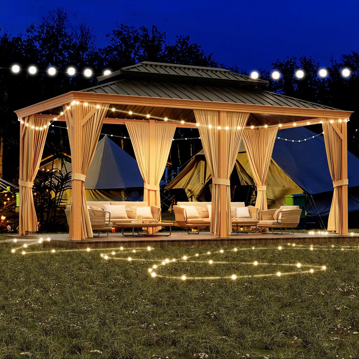 GAOMON 12x20ft Gazebo, Hardtop Outdoor Metal Roof Sun Shade Tent with Netting and Curtains, Permanent Wood Grain Galvanized Iron Aluminum Frame Garden Canopy for Patio, Backyard, Deck, Lawns GAOMON