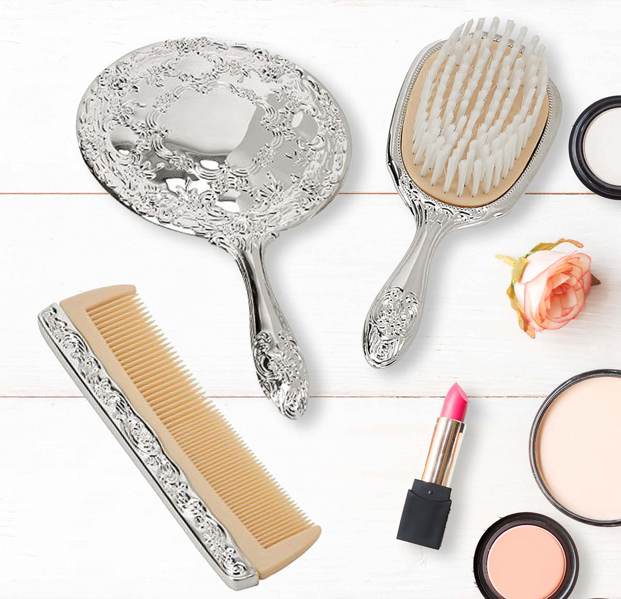 Creative Gifts International Nickel Plated Brass, Non-Tarnished 3-Piece Vanity Set, Brush, Comb, Mirror Set with Embossed Ornate Vintage Designs, Gift Box Included Creative Gifts International