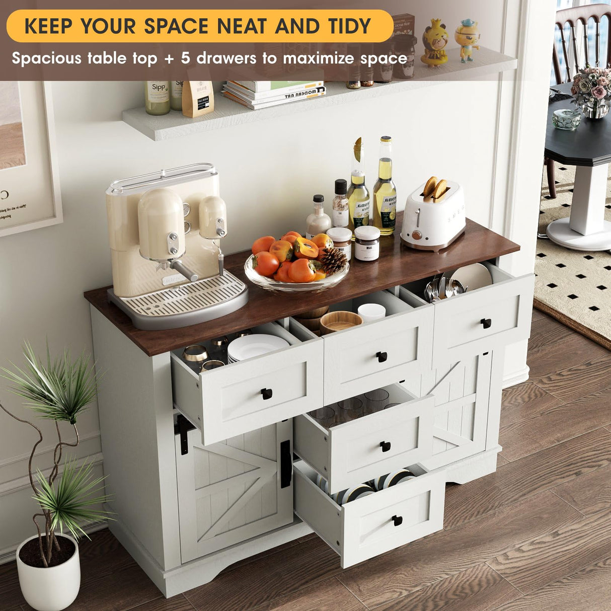 Vabches White Farmhouse Buffet Cabinet with Sliding Barn Doors and 5 Drawers Vabches