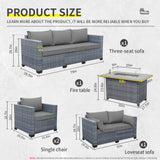 Lviden 5 Piece Wicker Patio Furniture Sets Outdoor Conversation Set, PE Rattan Sectional Sofa Couch with 45" Fire Pit Table and Non-Slip Grey Cushions, Furniture Covers Included Lviden