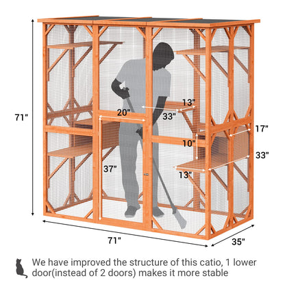 71 Inch Large Outdoor Cat House, Weatherproof Wooden Cats Catio Cat Cage Enclosure with 7 Platform and 2 Small House (Wood)