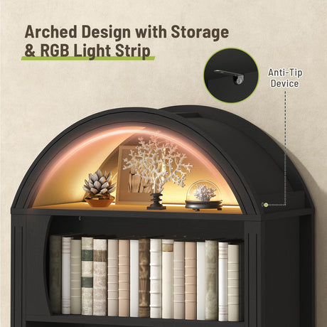 STHYTON 70.3" Tall Arched Bookshelf, 6-Tier Book Shelf with LED Lights, Farmhouse Arched Bookcase with Open Shelves and Drawer, Freestanding Display Rack, for Living Room, Study, Home Office, Black STHYTON