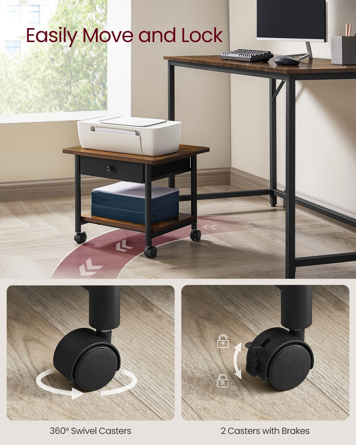 VASAGLE Printer Stand, Under Desk Printer Stand with Wheels, Drawer with Divider, Bottom Shelf, Fits Inkjet, Laser, Photo, All-in-One Printers, Home Office, Rustic Brown and Ink Black UOPS004B01 VASAGLE