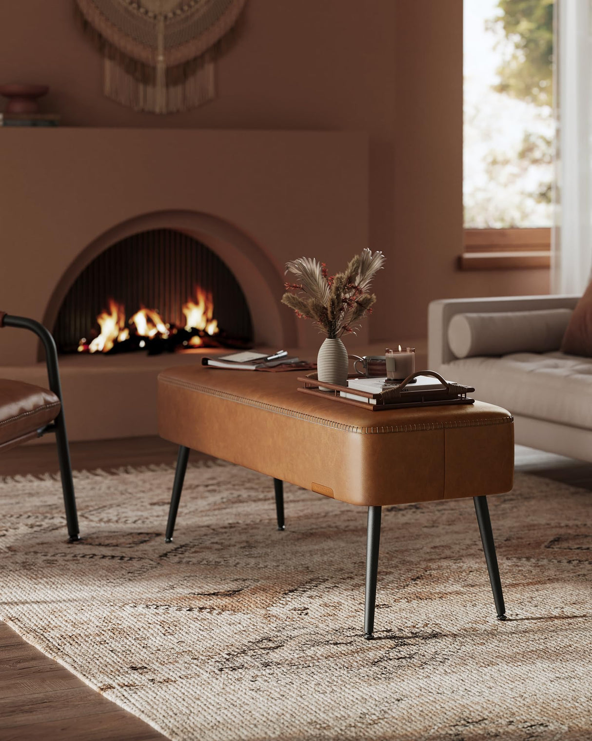 VASAGLE EKHO Collection - Bench for Entryway Bedroom, Synthetic Leather with Stitching, Ottoman Bench with Steel Legs, Living Dining Room, Mid-Century Modern, Loads 660 lb, Caramel Brown ULOM076K01 VASAGLE