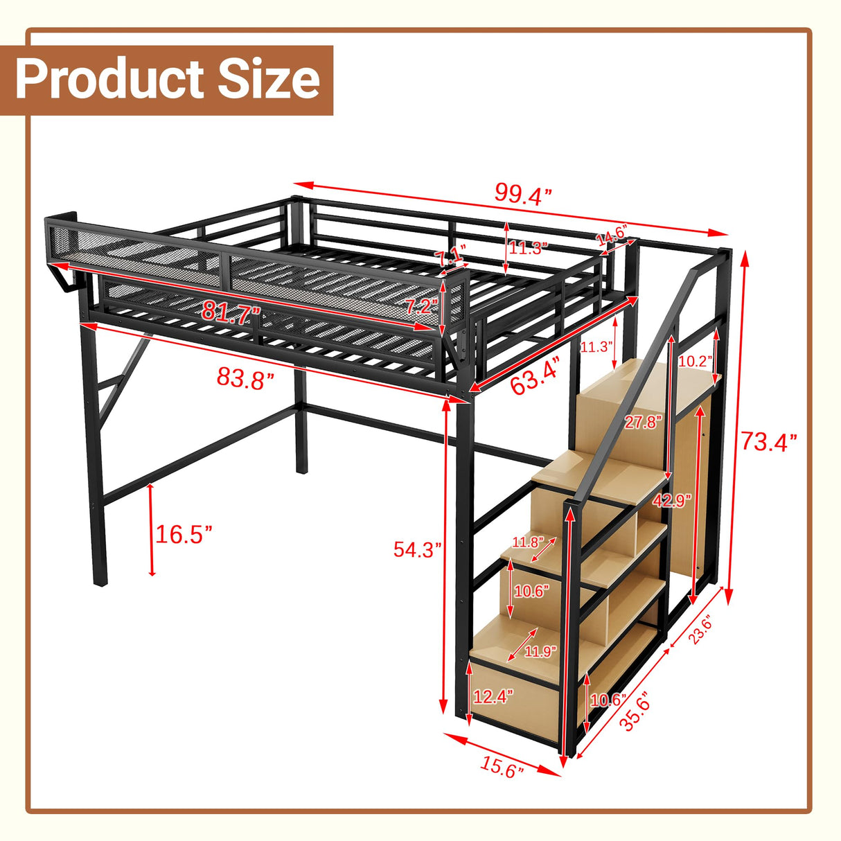 Aurnienofus Queen Size Loft Bed with Stairs and Storage, Metal Loft Bed Frame with Bedside Shelf and Large Under-Bed Space, Heavy-Duty Beds for Adults Teens and Kids, Black Aurnienofus