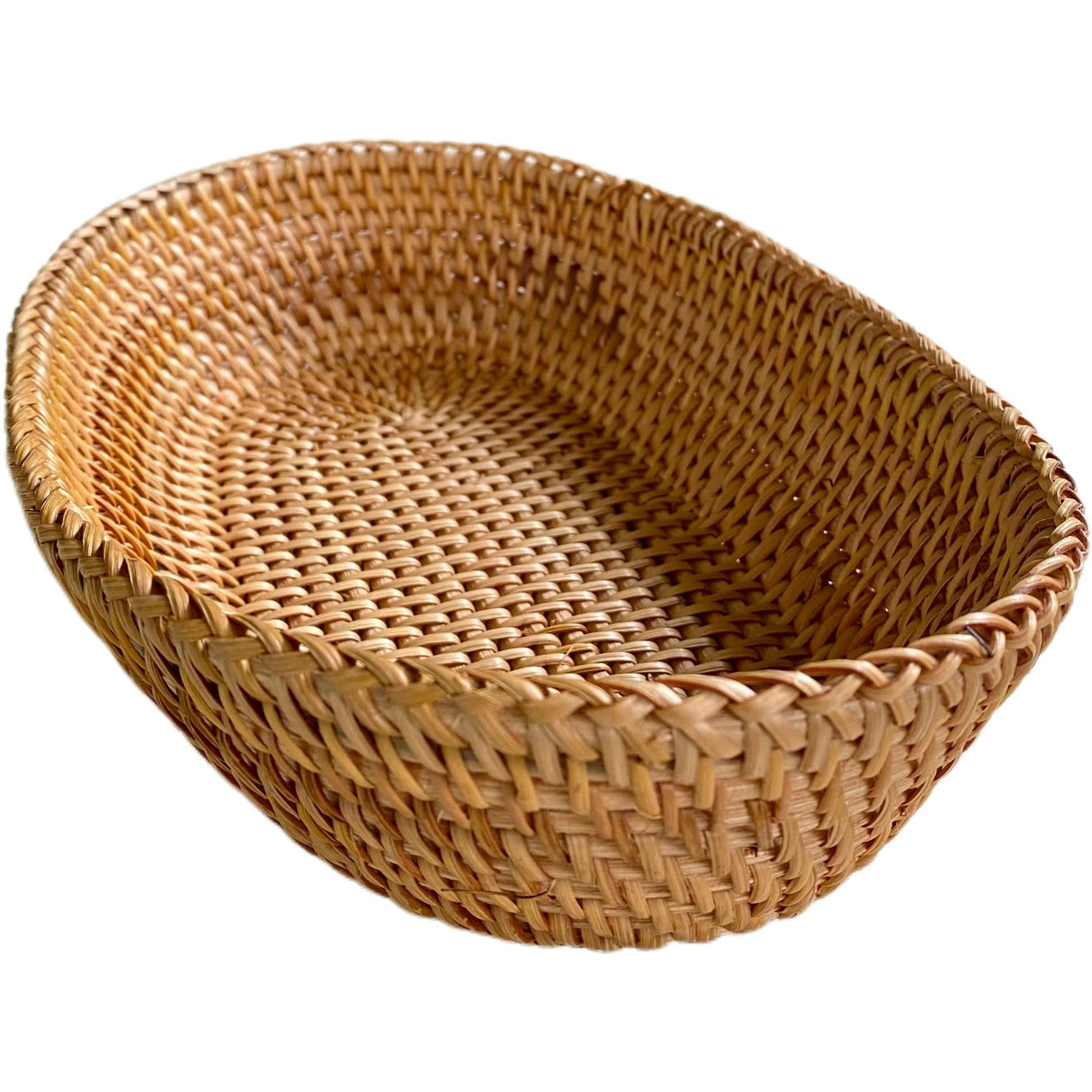 High Wall Rattan Oblong Bread Serving Basket, Natural Rattan Brown Breakfast Loaf Serving Basket Bowl,Wicker Coffee Table Bowl for Fruit,Candy,Snacks,Vegetables,13x8.3x3.15" i-lan