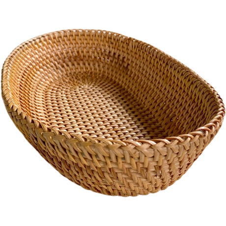 High Wall Rattan Oblong Bread Serving Basket, Natural Rattan Brown Breakfast Loaf Serving Basket Bowl,Wicker Coffee Table Bowl for Fruit,Candy,Snacks,Vegetables,13x8.3x3.15" i-lan
