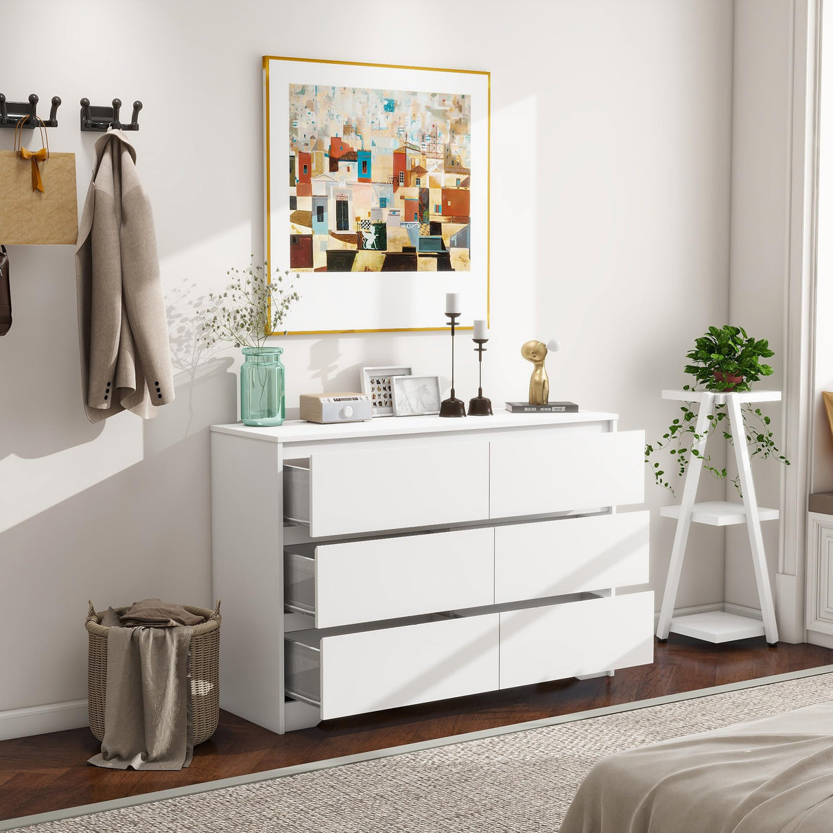 Panana Modern 6 Drawer Double Dresser, Wood Wide 6 Chest of Drawers with Deep Drawers Floor Storage Lateral Drawer Cabinet Organizer for Living Room Bedroom Home Office (White) Panana