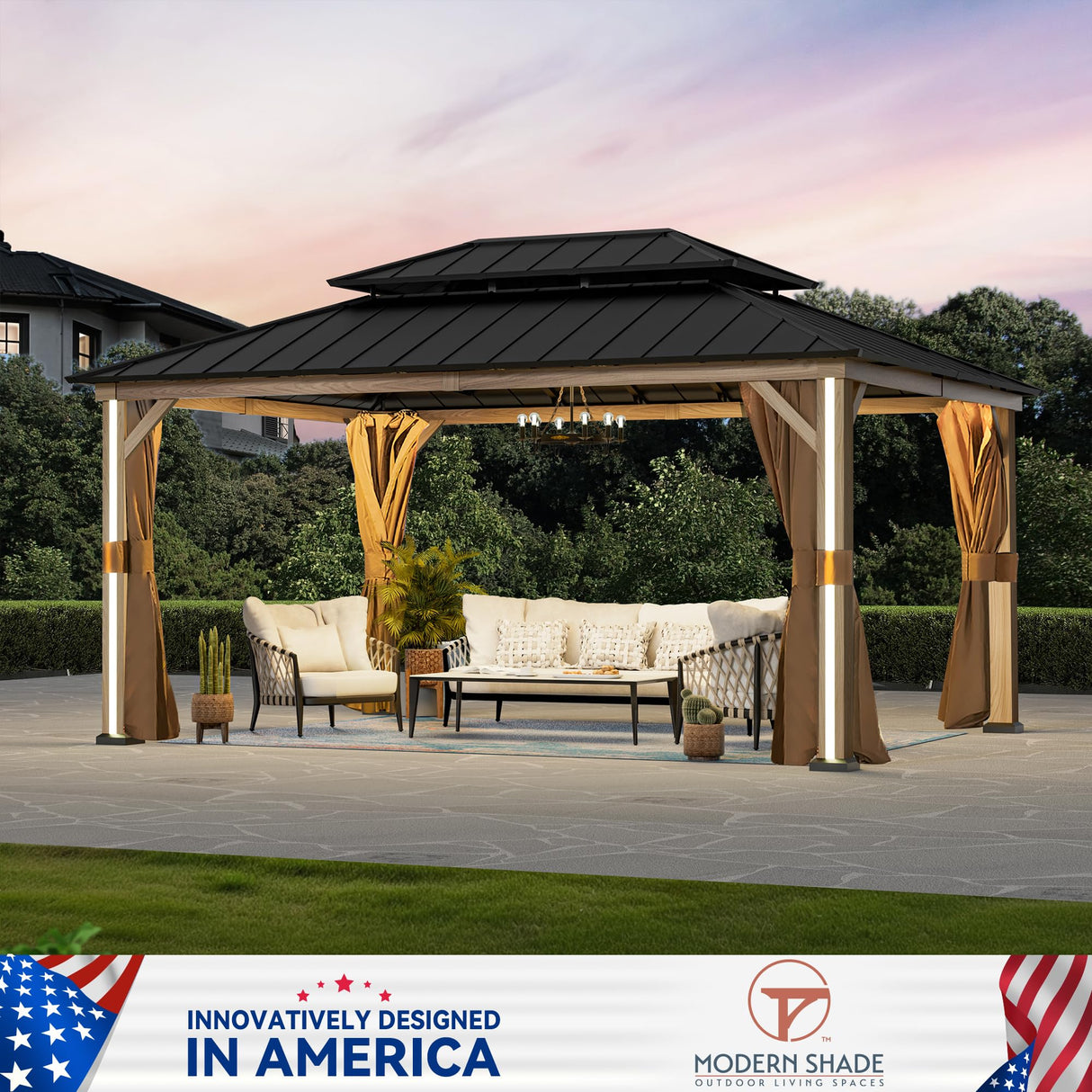 Modern Shade Hardtop Gazebo 12' x 16' with 4 LED Lights, Outdoor Gazebo with Double Roof, Aluminum Frame, Patio Pavilion with USB Charging Port Deck, Mosquito Netting and Curtains, Wood Looking Modern Shade Outdoor Living Spaces