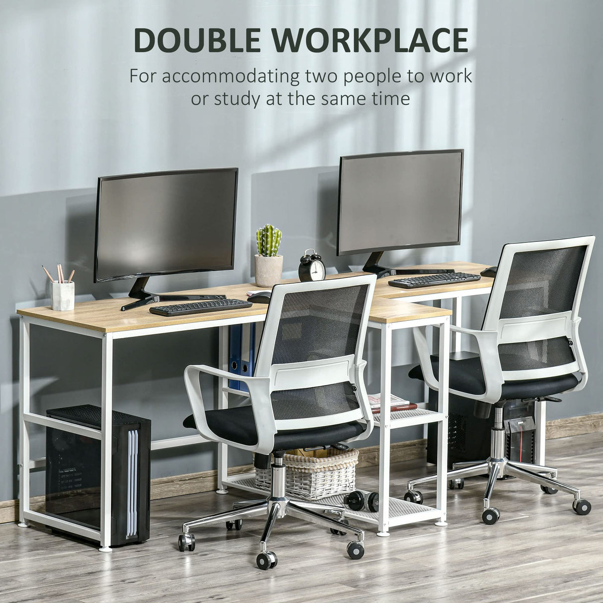 HOMCOM 83" Two Person Computer Desk with 2 Storage Shelves, Double Desk Workstation with Book Shelf, Long Desk Table for Home Office, Natural HOMCOM