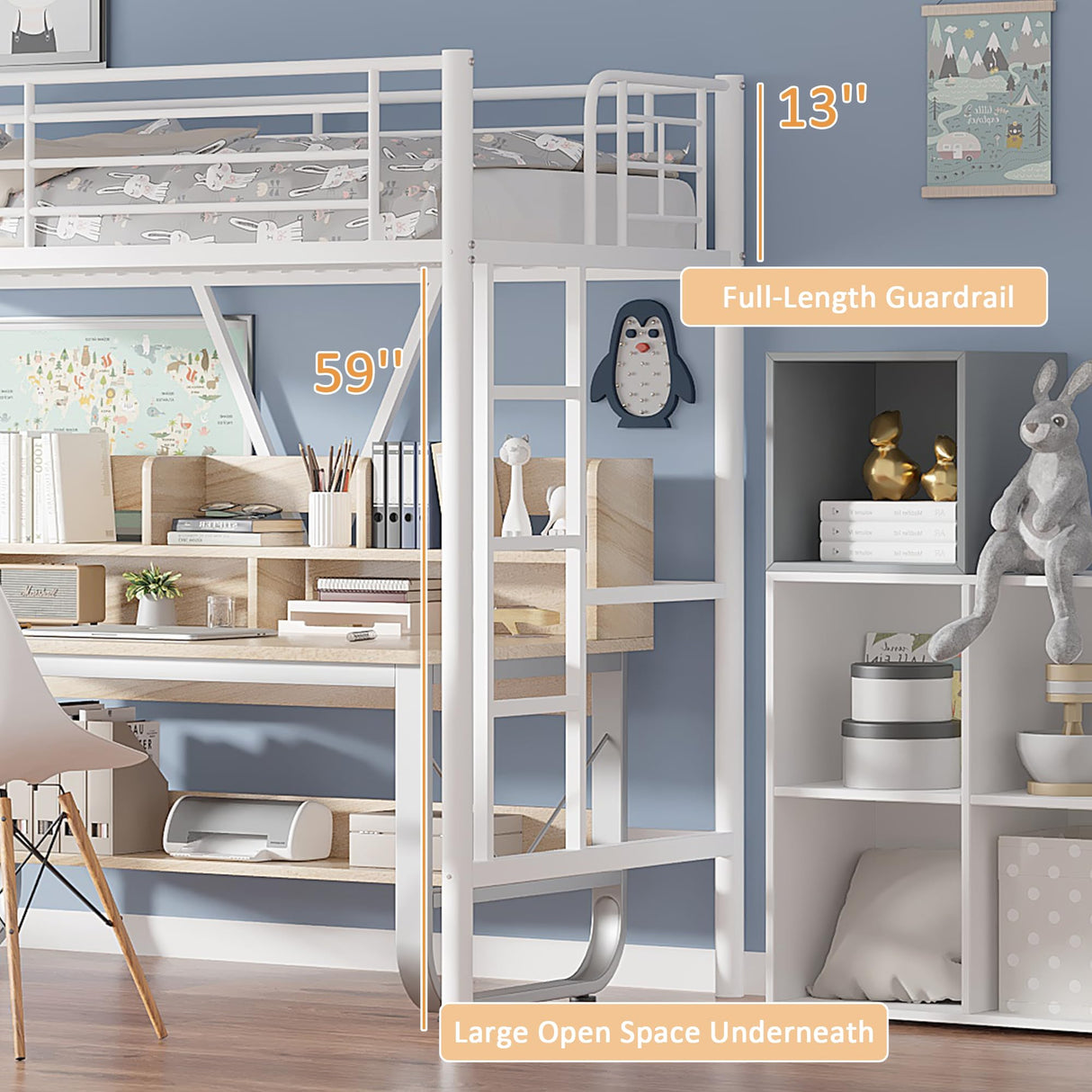 VECELO Twin Size Loft Bed with Stairs, Removable Ladder & High Guardrail, Heavy-Duty Metal Frame, Space-Saving Design & Noise-Free, White VECELO