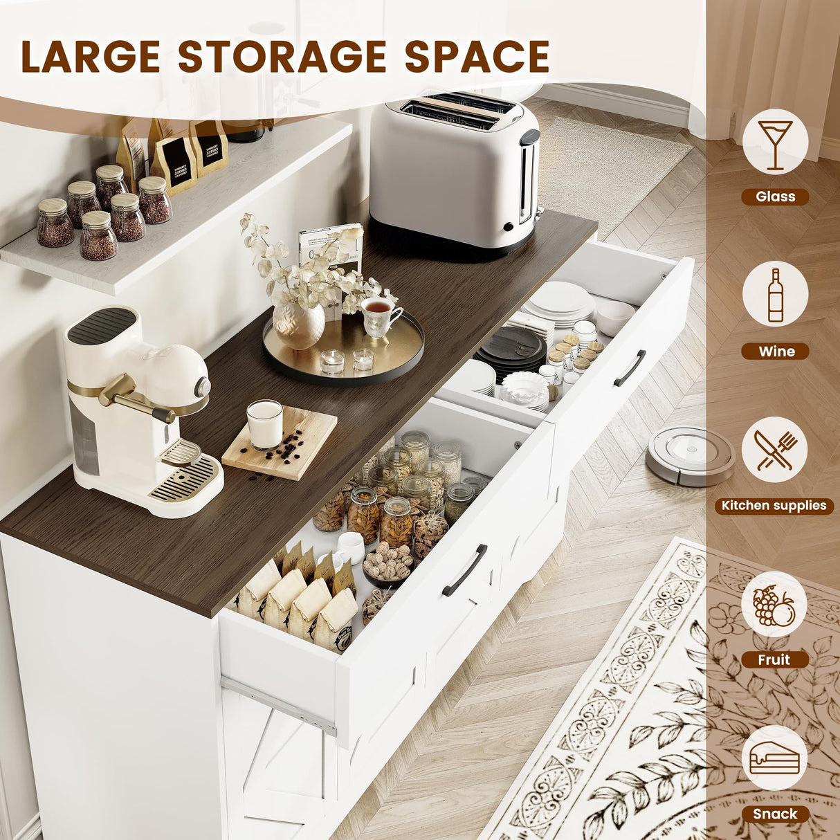 55" Sideboard Buffet Cabinet with Storage, Large Kitchen Storage Sideboard with Drawers & Doors, Modern Wood Farmhouse Coffee Bar Cabinet, Buffet Table for Kitchen, Dining Room, Living Room, White GRUSIGN