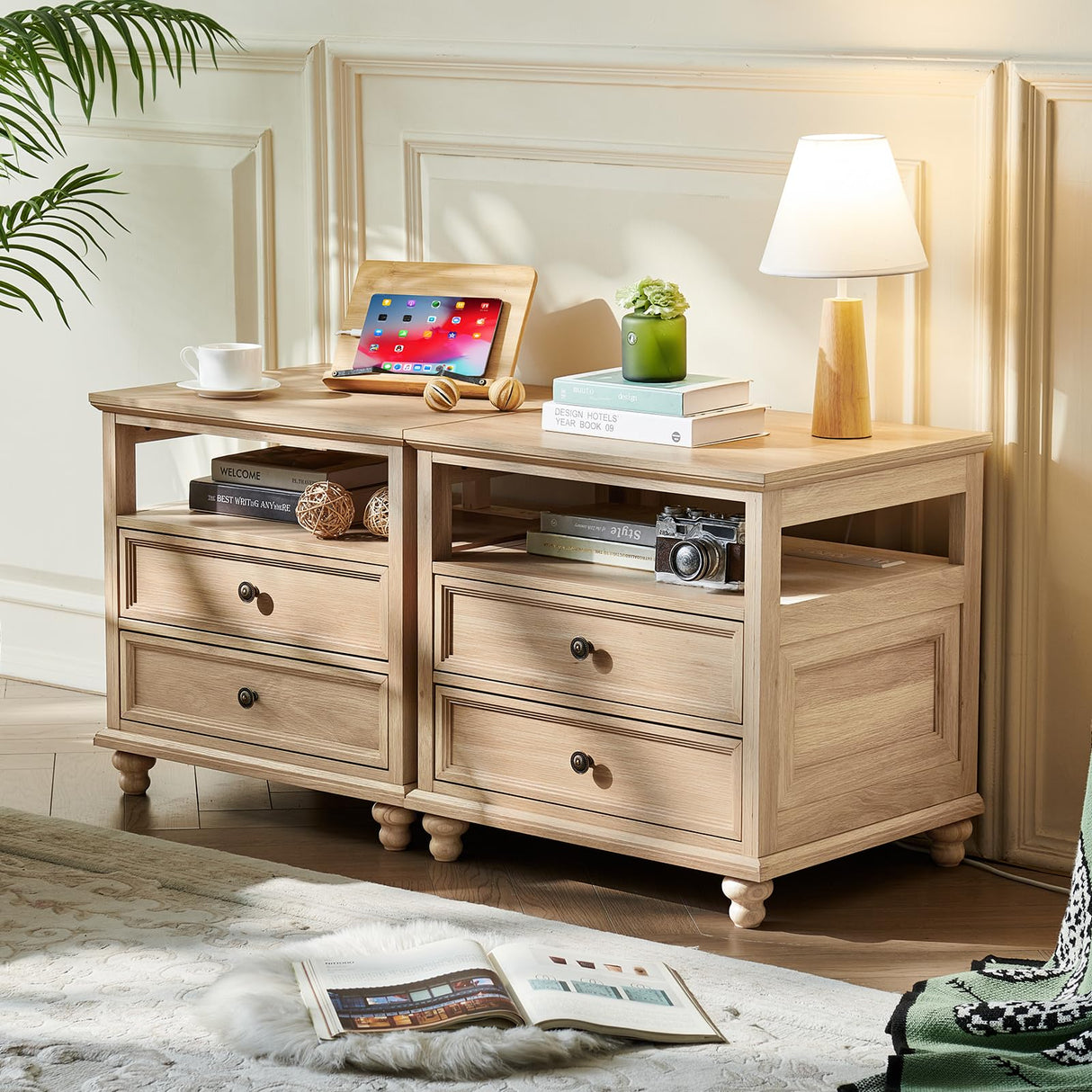 Joaxswe Farmhouse Nightstand with Charging Station, 24" Wide End Table with 2 Drawers, Natural Dresser for Bedroom, Bed Side Table Chest of Drawers Cabinet,Wood Night Stand for Living Room, Closet Joaxswe