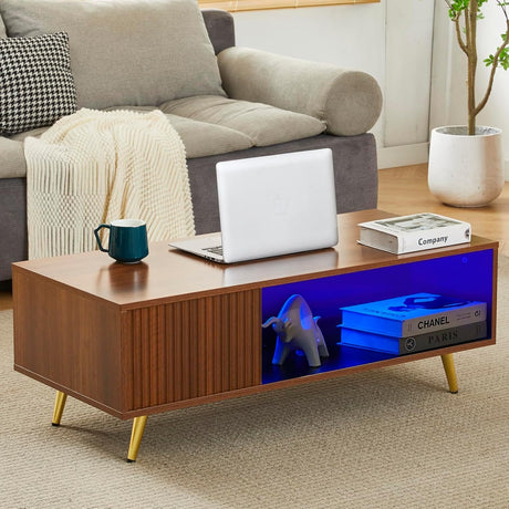 COSVALVE 41.3IN LED Walnut Coffee Tables for Living Room with 16 Colors LED Lights, Modern Minimalist Coffee Table with Fluted Panel, Rectangle Center Table Game Table COSVALVE