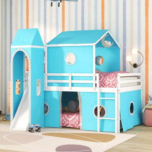 Harper & Bright Designs Blue Full Size Loft Bed with Slide, Curtains, and Tower - Solid Wood Low Loft Frame for Kids - WoodArtSupply