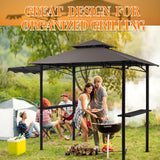 Burbell 5 x 11'grill Gazebo with Extra Shadow with 33ft Outdoor String Lights, Outdoor BBQ Grill Canopy with Extra Side Awnings and LED Lights with 40 Bulbs Waterproof for Patio Party Backyard (Brown) Burbell