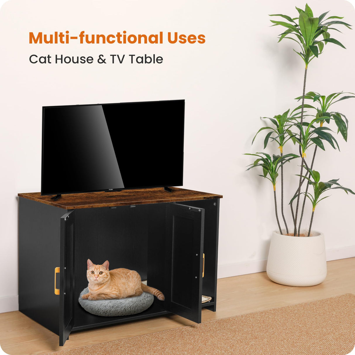 Dwanton Litter Box Enclosure, Cat Litter Box Furniture Hidden, with Scratching Mat, Wooden Cat Washroom Indoor, 31.5" L x 19.7" W x 21.7" H, Black and Rustic Brown Dwanton