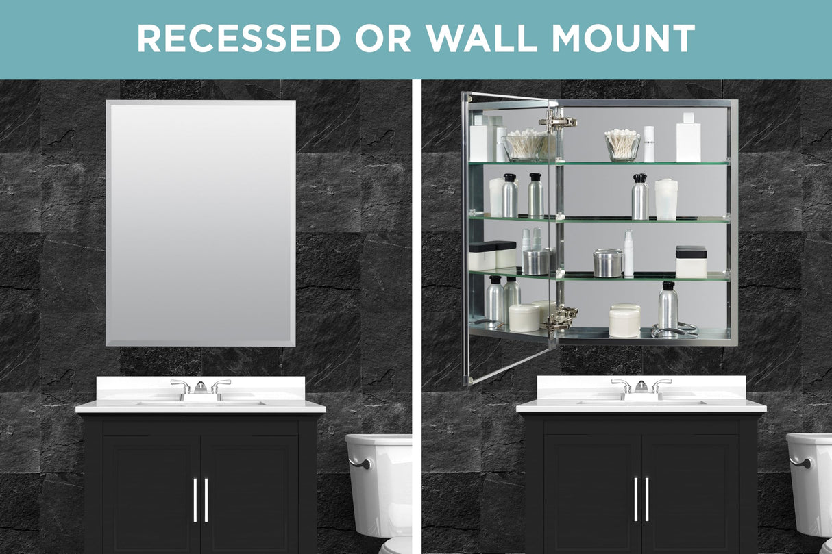 Zenna Home Bathroom Medicine Cabinet with Mirror, Frameless Bathroom Wall Cabinet with Rustproof Aluminum Body, 3 Adjustable Glass Shelves, Recessed or Surface Wall Mount Installation, 20 x 26 Inches Zenna Home