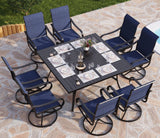 PHI VILLA 9 Piece Outdoor Patio Dining Set, Large Square Metal Dining Table and 8 Outdoor Swivel Dining Chairs, Patio Table and Blue Chair Furniture Dining Set for 8 Person PHI VILLA