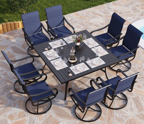 PHI VILLA 9 Piece Outdoor Patio Dining Set, Large Square Metal Dining Table and 8 Outdoor Swivel Dining Chairs, Patio Table and Blue Chair Furniture Dining Set for 8 Person PHI VILLA