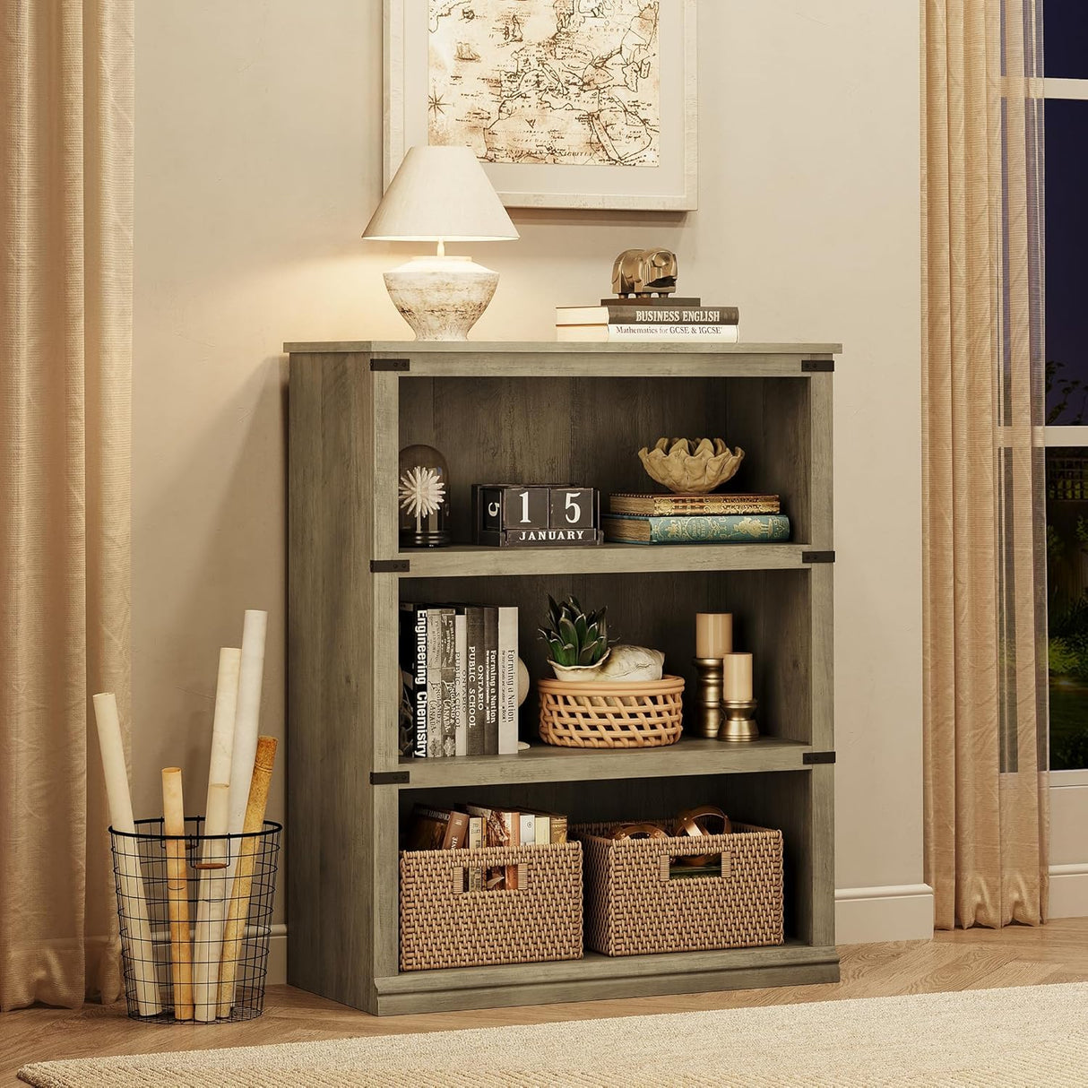 IDEALHOUSE 3-Tier Wooden Bookcase, Farmhouse Storage Book Shelf with Display Shelves, Tall Book Case for Home Office, Living Room, Bedroom, Grey, 40.0" H x 31.5" W x 12.2" D IDEALHOUSE