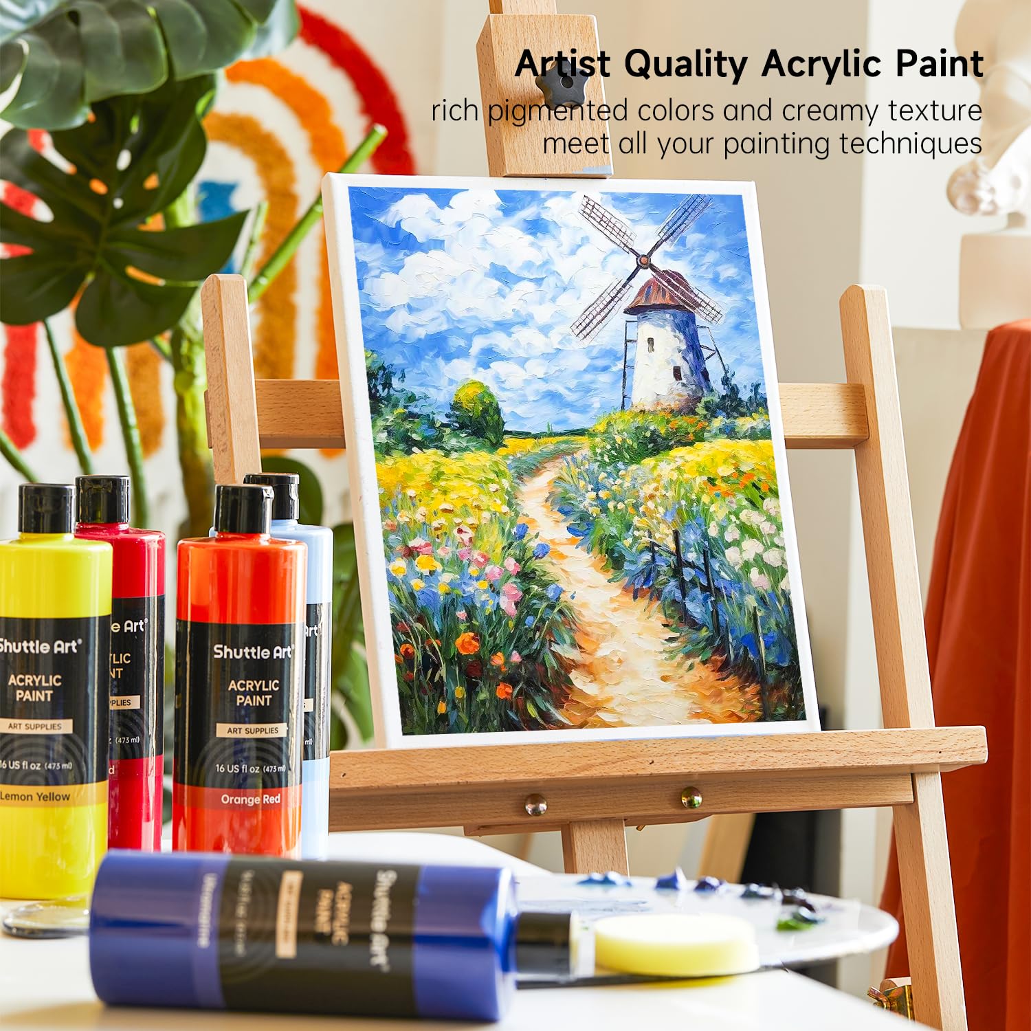 Shuttle Art Acrylic Paint, 15 Colors Acrylic Paint Large Bottle Set, 473ml/16oz Each, Rich Pigments, High Viscosity, Bulk Paint for Artists, Beginners and Kids on Rocks Crafts Canvas Wood Cer - WoodArtSupply