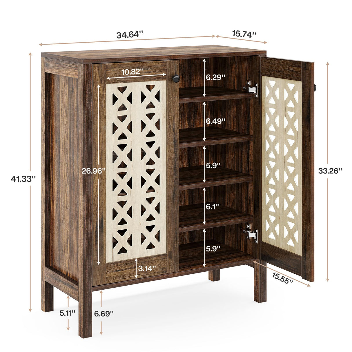 Tribesigns 5-Tier Shoe Cabinet with Doors, 25 Pairs Farmhouse Shoe Organizer, All-Wood Freestanding Shoe Storage Cabinet with Adjustable Shelves for Entryway, Hallway, Living Room, Brown & Beige Tribesigns