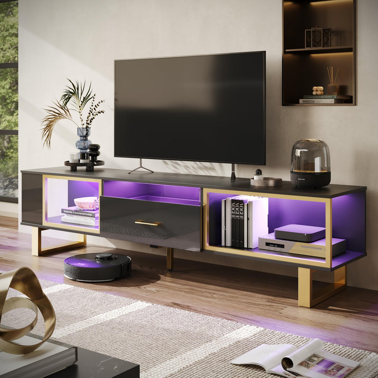 Bestier 70 Inch TV Stand with LED Lights for 75 Inch TV, Entertainment Center with Open Storage and Half-Glass Design Drawer, Modern High Gloss TV Console Table for Living Room, Black and Gold Bestier