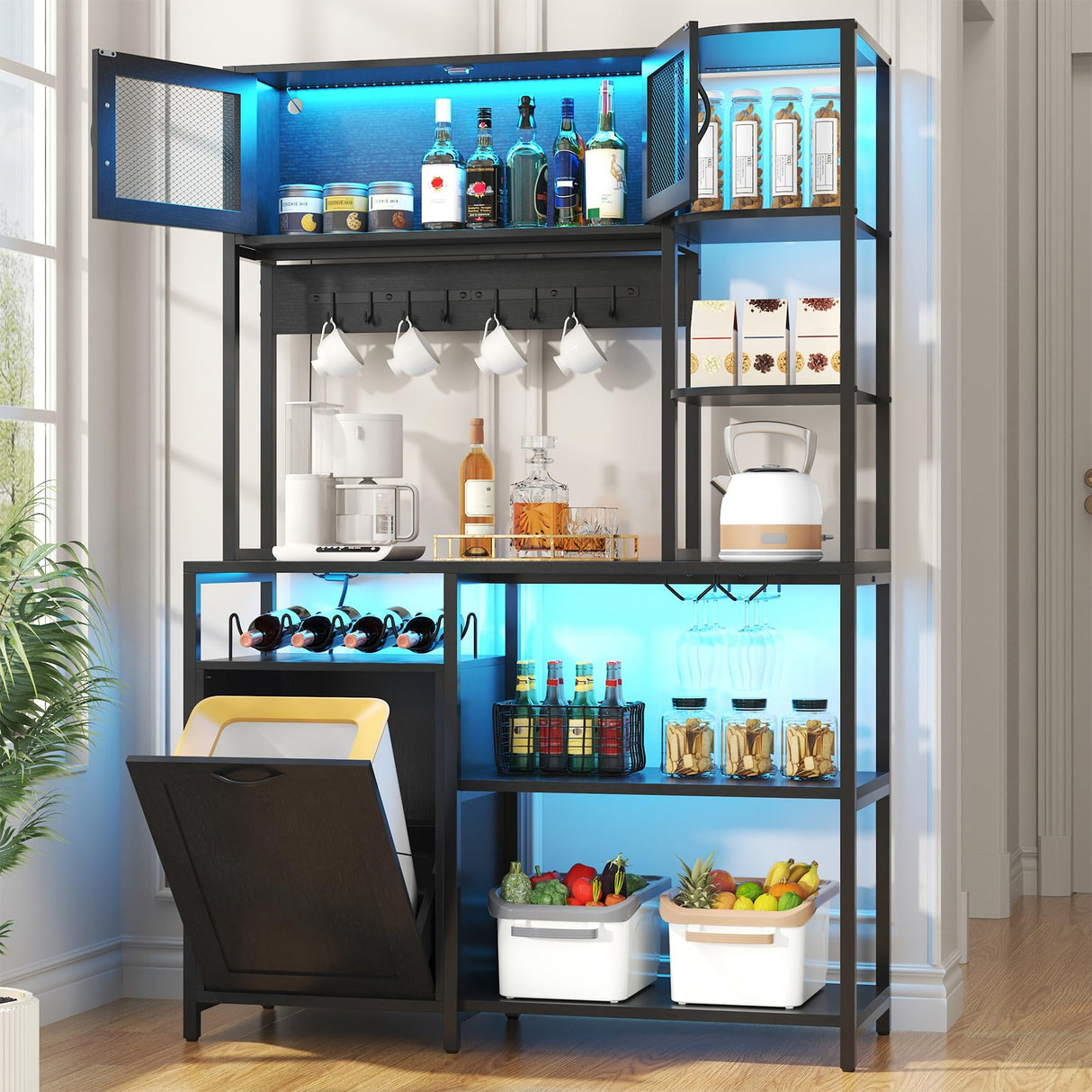 Lafnest Bakers Rack with Power Outlet and LED Light, 6-Tier Commercial Bakery Racks, Kitchen Microwave Stand with Storage Cabinet, Kitchen Tilt Out Trash Cabinet, 15.8" D x 42.5" W x 67.8" H, Black Lafnest