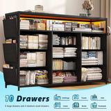 EnHomee 55" Dresser & TV Stand with 10 Fabric Drawers, Wooden Open Shelves, Power Outlets & LED Lights, Multi-Functional Storage Unit for Bedroom, Closet, Black EnHomee