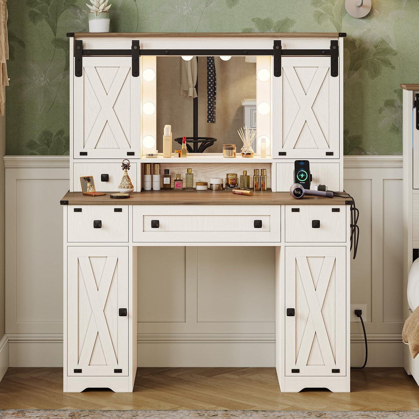 Hasuit Farmhouse Vanity Desk with Mirror and Adjustable Lights in White - WoodArtSupply