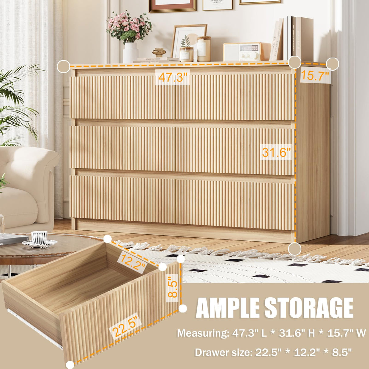 Jocoevol 6 Drawer Dresser for Bedroom, Boho Fluted Dresser with Deep Drawers, Large Double Natural Wood Chest of Drawers for Living Room, Hallway, Entryway (Wood) Jocoevol