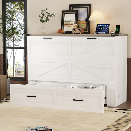 Bellemave Queen Murphy Bed, Cabinet Bed with Charging Station and Storage, Farmhouse Murphy Cabinet with Foldable Panel, Noisy Free, for Guest Bedroom, Living Room, Office, White Bellemave