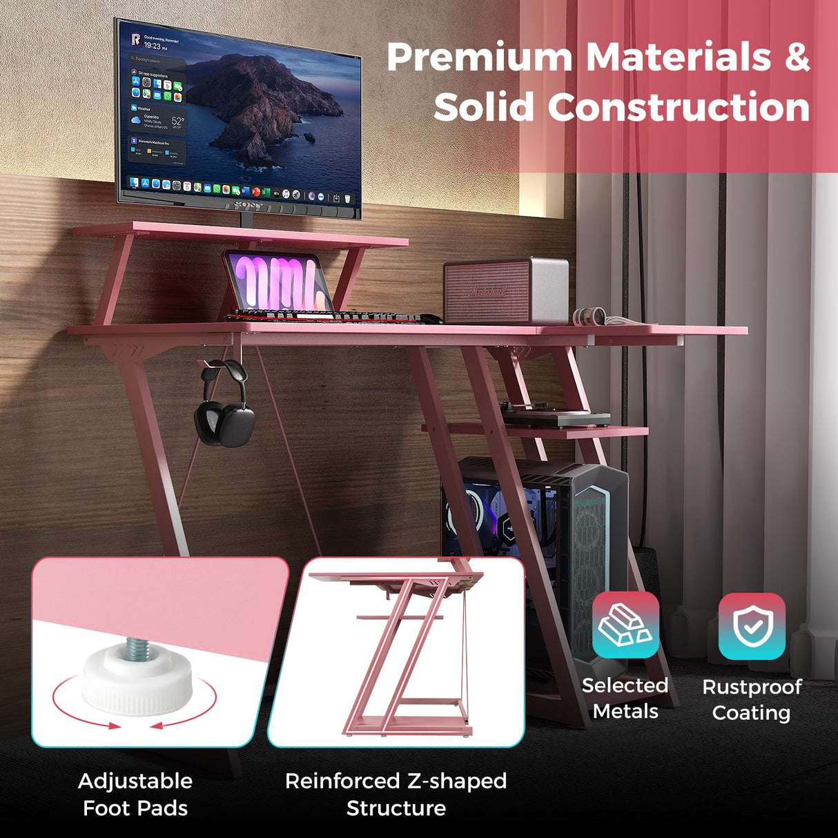 Tangkula L Shaped Gaming Desk with Power Outlets, Small Gaming Computer Desk 39inch with Storage Shelf, Corner Desk with Carbon Fiber Texture, Gamer Desk Gaming Table (Pink) Tangkula