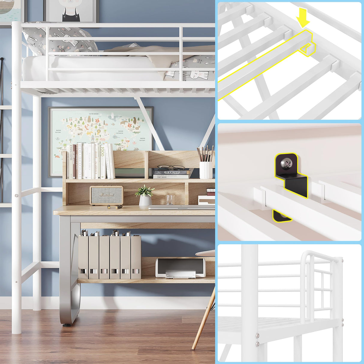 VECELO Twin Size Loft Bed with Stairs, Removable Ladder & High Guardrail, Heavy-Duty Metal Frame, Space-Saving Design & Noise-Free, White VECELO