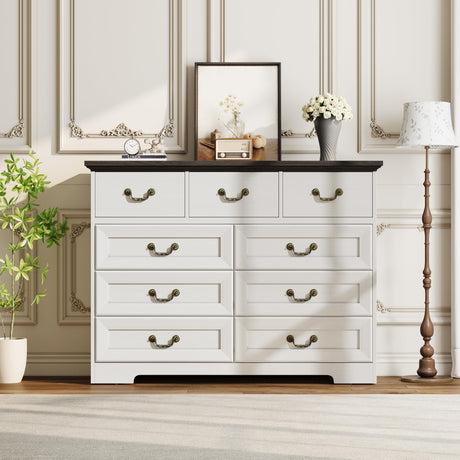 9-Drawer Dresser for Bedroom, 47 in Wide Dressers Wood Vintage Chest of Drawers with Natural Texture and Vintage Gold Floral Handles, Farmhouse Storage Organizer for Living Room, Hallway Entryway GarveeHome