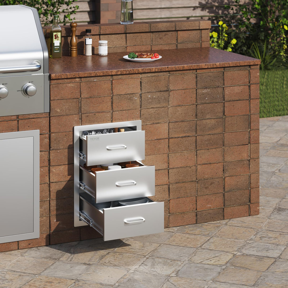 VEVOR Outdoor Kitchen Drawers 16" W x 21.5" H x 18" D, Flush Mount Triple Access BBQ Drawers with Stainless Steel Handle, BBQ Island Drawers for Outdoor Kitchens or BBQ Island Patio Grill Station VEVOR