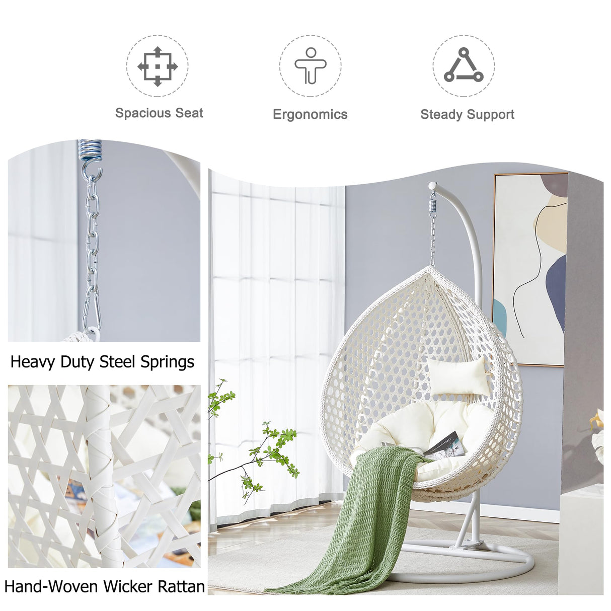 JUFU Egg Swing Chair with Stand, Hanging Egg Chair, White, Modern, Indoor/Outdoor, Relaxing, Lightweight, Space Saving, Foldable JUFU