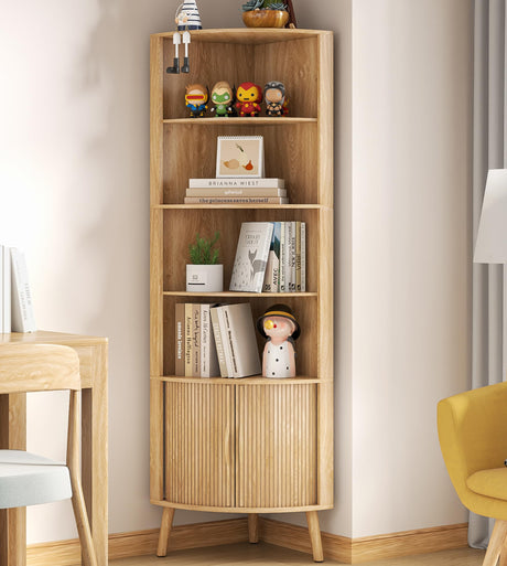 Limaoaio 5-Tier Corner Shelf, 66.73''Tall Modern Corner Bookshelf, 5 Shelf Bookcase with 2 Fluted Doors, Freestanding Wood Corner Display Storage Shelf Organizer for Living Room, Office (Wood Color) Limaoaio