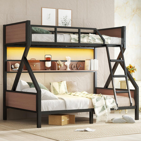 Twin Over Full Size Bunk Bed with Storage Shelves and LED Lights,Heavy Duty Adult Bunk Beds with Angled Ladder,Metal Bunk Bed Twin Over Full,Black Bellemave