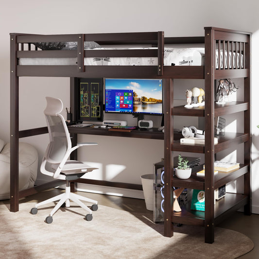 Revamp your space with the Merax Espresso Twin Loft Bed featuring a Desk and Storage Shelves - WoodArtSupply