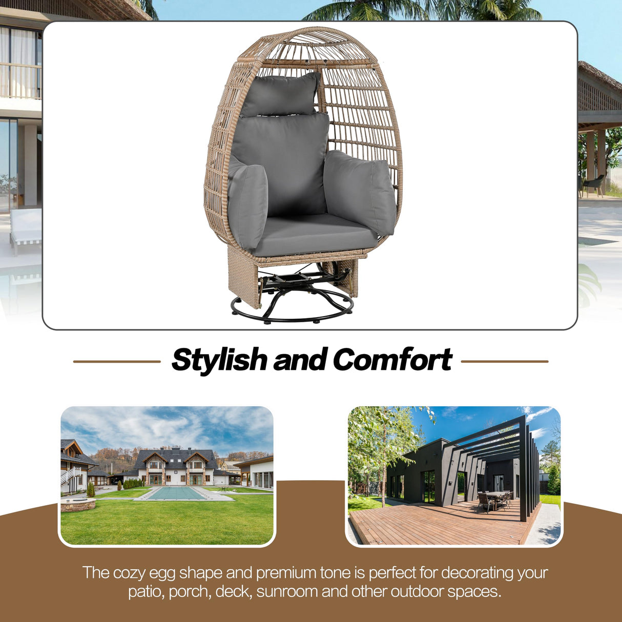 Outdoor Swivel Chair with Cushions, Large Wicker Egg Chair with Stand, 360° Rotation Patio Chairs with Metal Frame, Rattan Egg Chairs with Rocking Function for Balcony, Poolside, Natural Wicker FAROUCHE