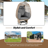 Outdoor Swivel Chair with Cushions, Large Wicker Egg Chair with Stand, 360° Rotation Patio Chairs with Metal Frame, Rattan Egg Chairs with Rocking Function for Balcony, Poolside, Natural Wicker FAROUCHE