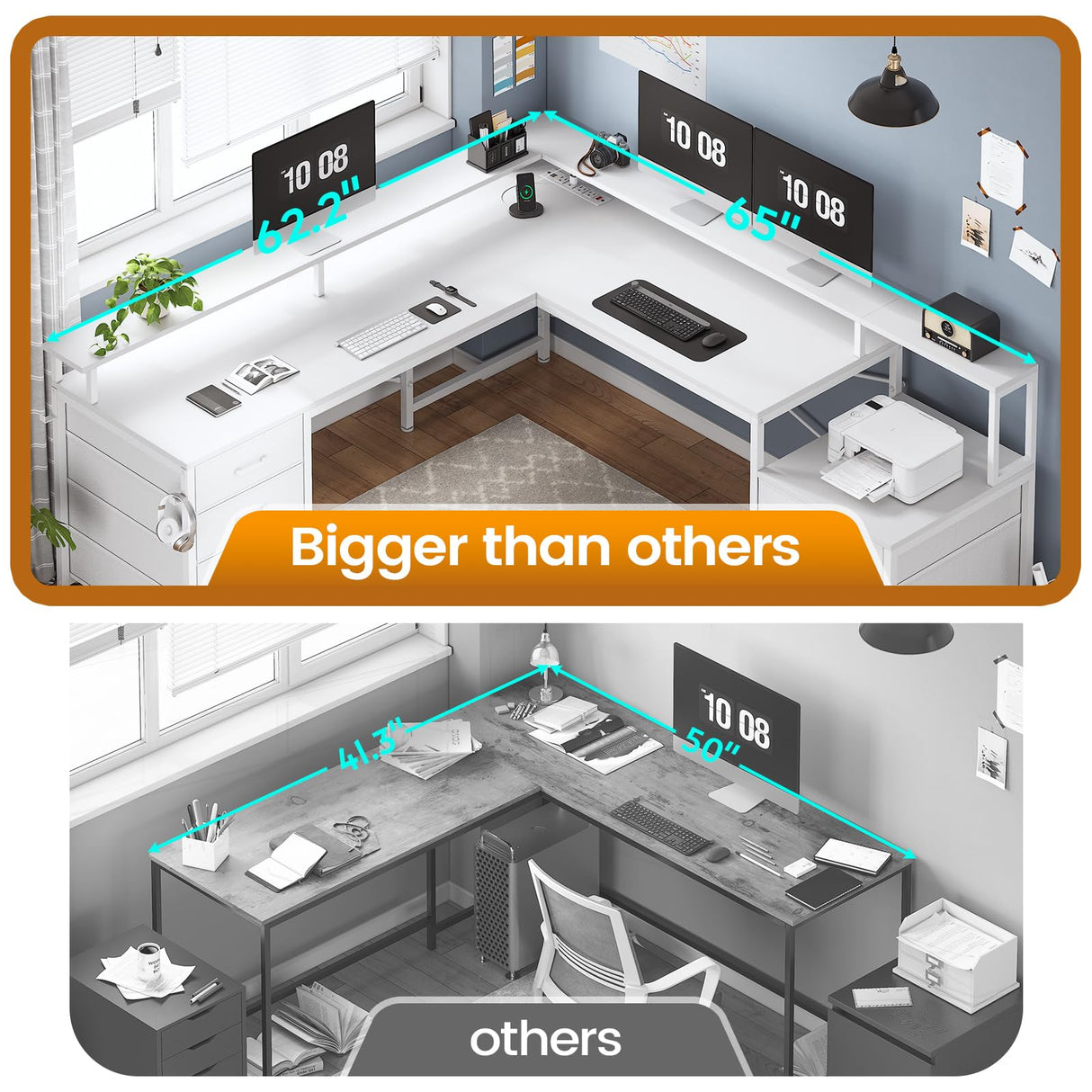 SEDETA L Shaped Desk with 6 Drawer, 108" Home Office Desk with File Drawer & Power Outlet, Corner Computer Desk with Monitor Shelf, File Cabinet, Two Person Desk, Gaming Desk with Led Lights, White SEDETA