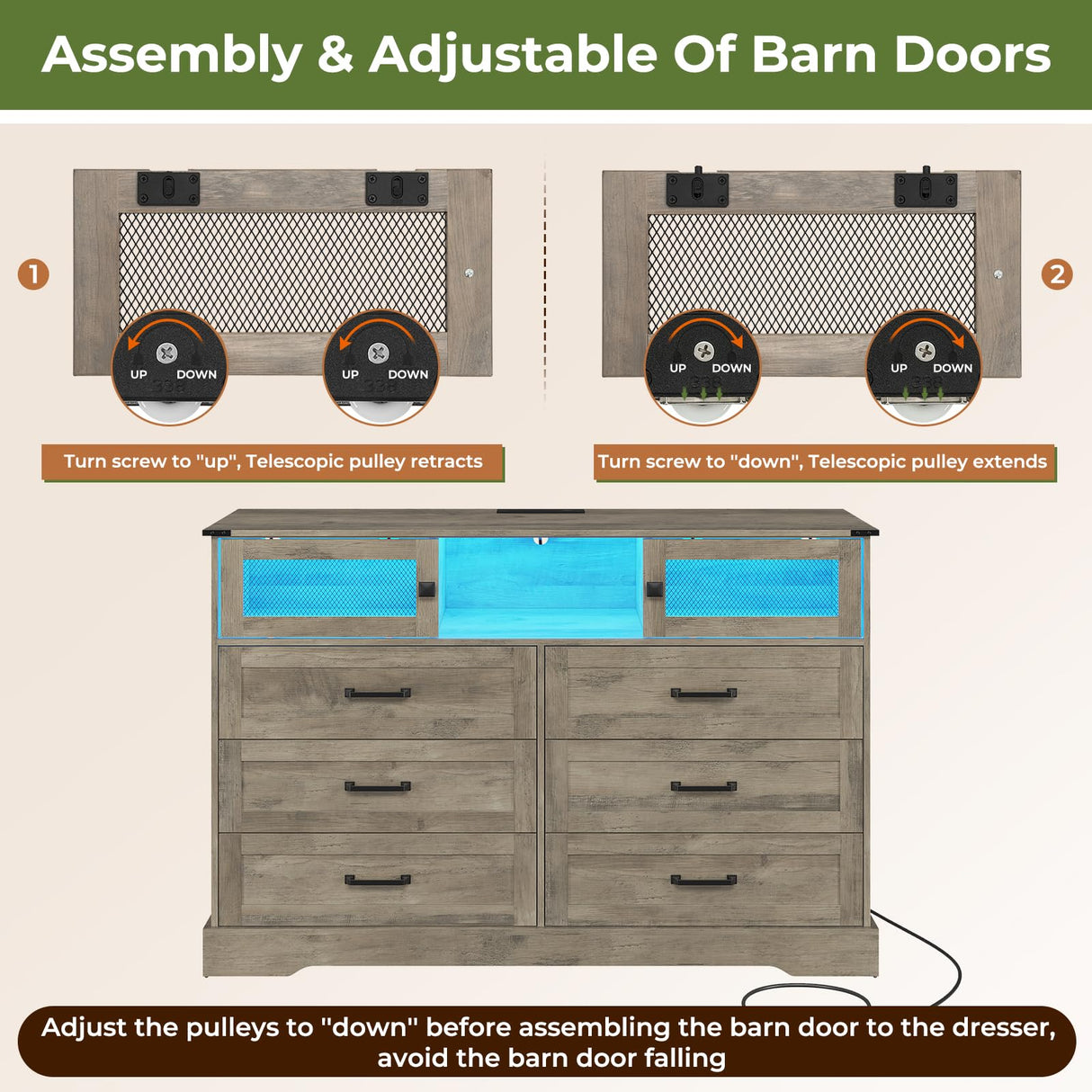Hasuit 6 Drawers Dresser with LED Lights and Charging Station, Farmhouse Chest of Drawers Closet Organizer, Clothes Storage Cabinet Double Dressers for Bedroom, Living Room, Hallway, Rustic Oak Hasuit