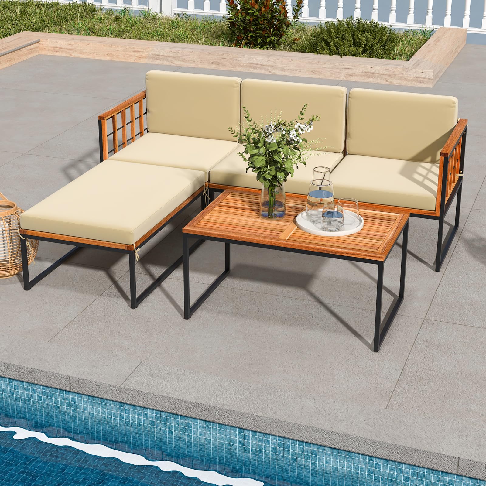 Tangkula 5 Piece Patio Furniture Set, Acacia Wood Sectional Set with Heavy-Duty Metal Frame, Comfy Seat & Back Cushions, Outdoor Wood Conversation Chair Set for Poolside, Porch, Backyard (Bei - WoodArtSupply