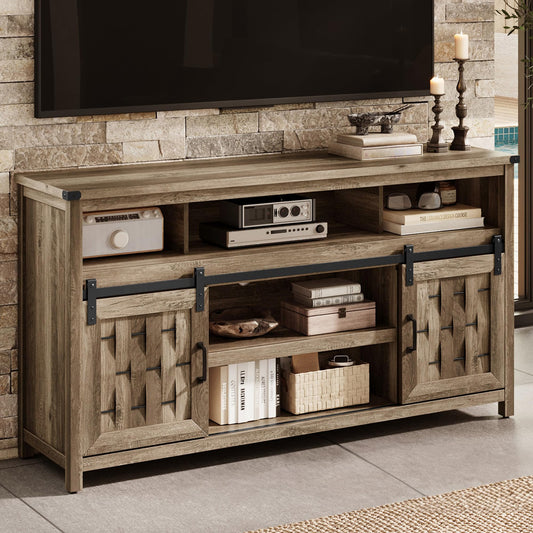 LINSY HOME Farmhouse TV Stand for 65 Inch TV, Tall Highboy Entertainment Center with Sliding Barn Door, Rustic Media Console with Storage Shelves, Wood Television Stand for Living Room, Light Brown