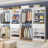 [10 FT Closet System] Reversible Set of 2 Wood Closet Organizer System with 2 Drawers, 4 Hanging Rods Adjustable Shelf, Walk In Closet Organizers with Shoe Rack, Garment Rack Clothes Rack, White Besiost